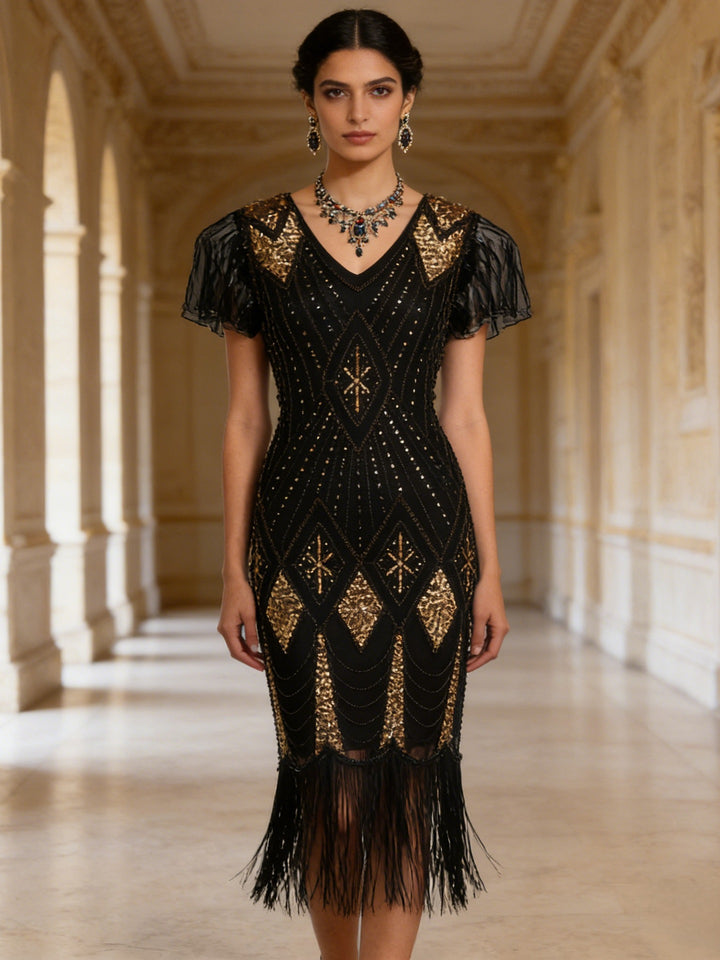 1920s The Great Gatsby Outfit Sheath/Column V-Neck Short Sleeves Sequins Tassels Vintage Dresses