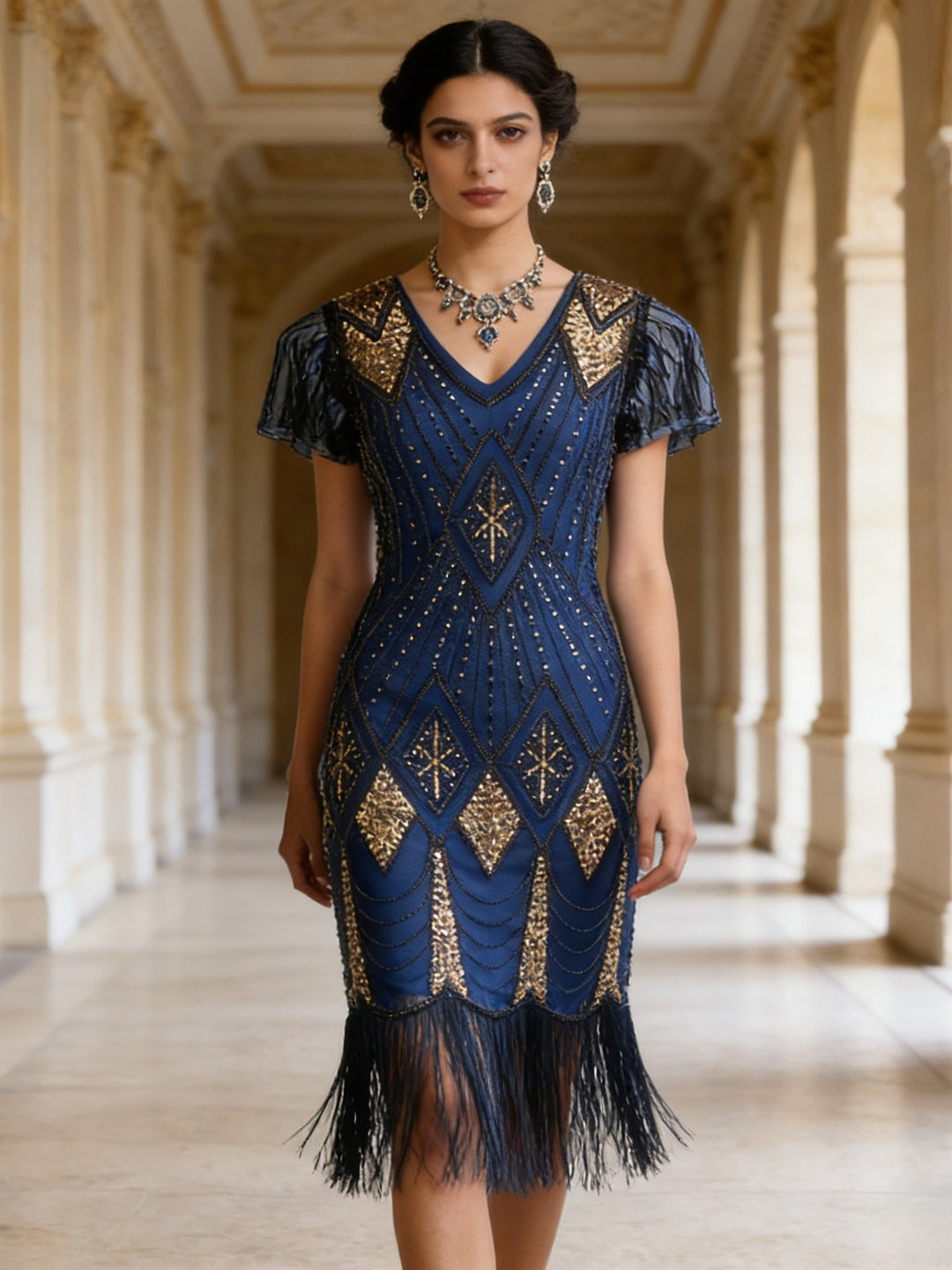 1920s The Great Gatsby Outfit Sheath/Column V-Neck Short Sleeves Sequins Tassels Vintage Dresses