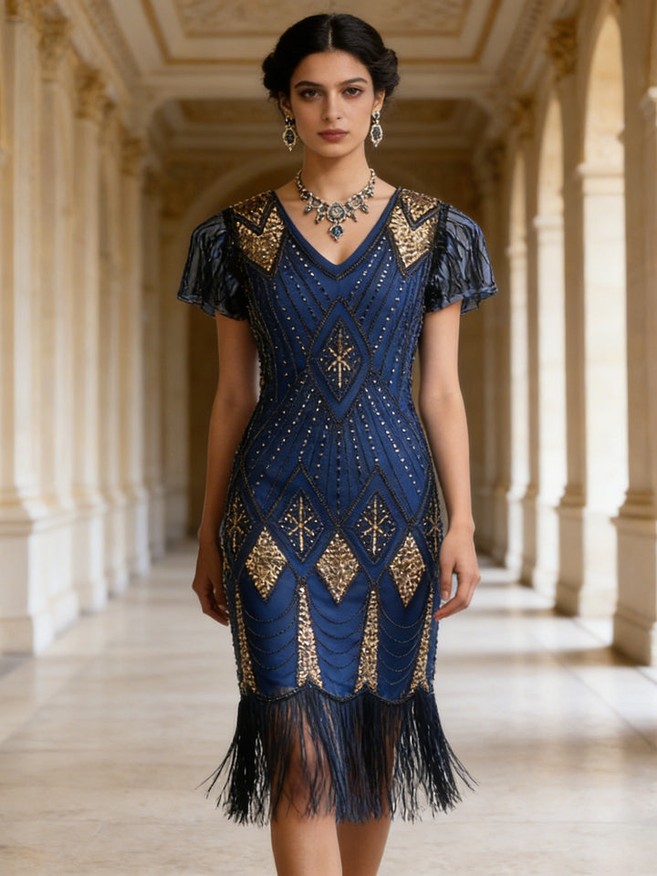 1920s The Great Gatsby Outfit Sheath/Column V-Neck Short Sleeves Sequins Tassels Vintage Dresses