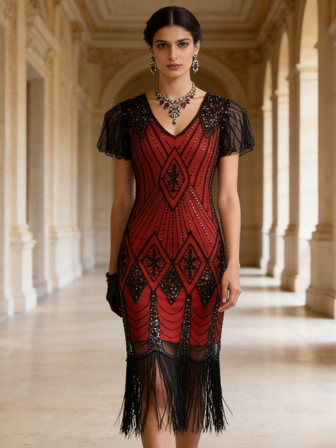 1920s The Great Gatsby Outfit Sheath/Column V-Neck Short Sleeves Sequins Tassels Vintage Dresses