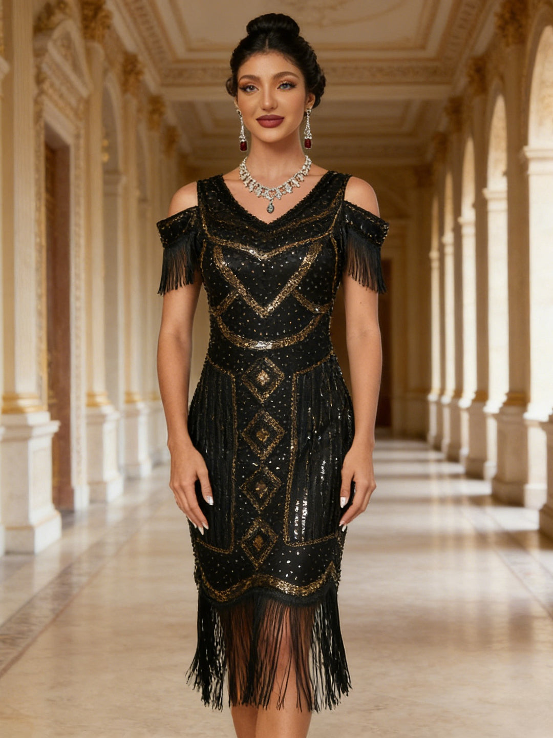 1920s The Great Gatsby Outfit Sheath/Column V-Neck Short Sleeves Sequins Tassels Vintage Dresses Tea-Length