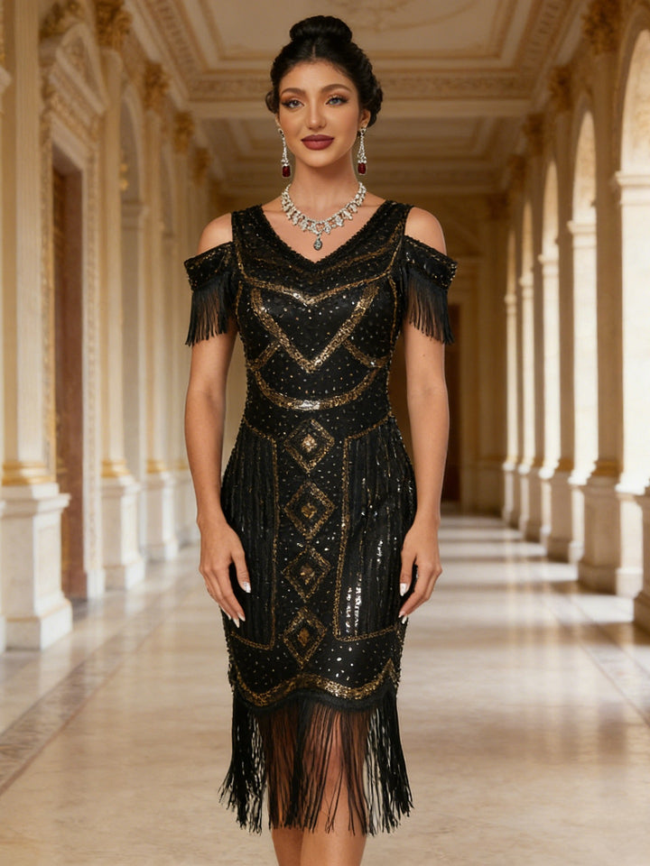 1920s The Great Gatsby Outfit Sheath/Column V-Neck Short Sleeves Sequins Tassels Vintage Dresses Tea-Length