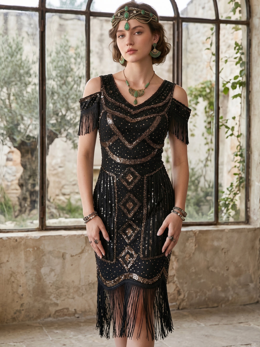 1920s The Great Gatsby Outfit Sheath/Column V-Neck Short Sleeves Sequins Tassels Vintage Dresses Tea-Length