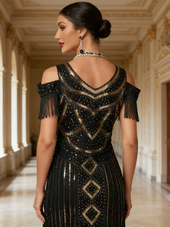 1920s The Great Gatsby Outfit Sheath/Column V-Neck Short Sleeves Sequins Tassels Vintage Dresses Tea-Length
