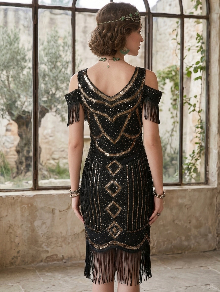 1920s The Great Gatsby Outfit Sheath/Column V-Neck Short Sleeves Sequins Tassels Vintage Dresses Tea-Length