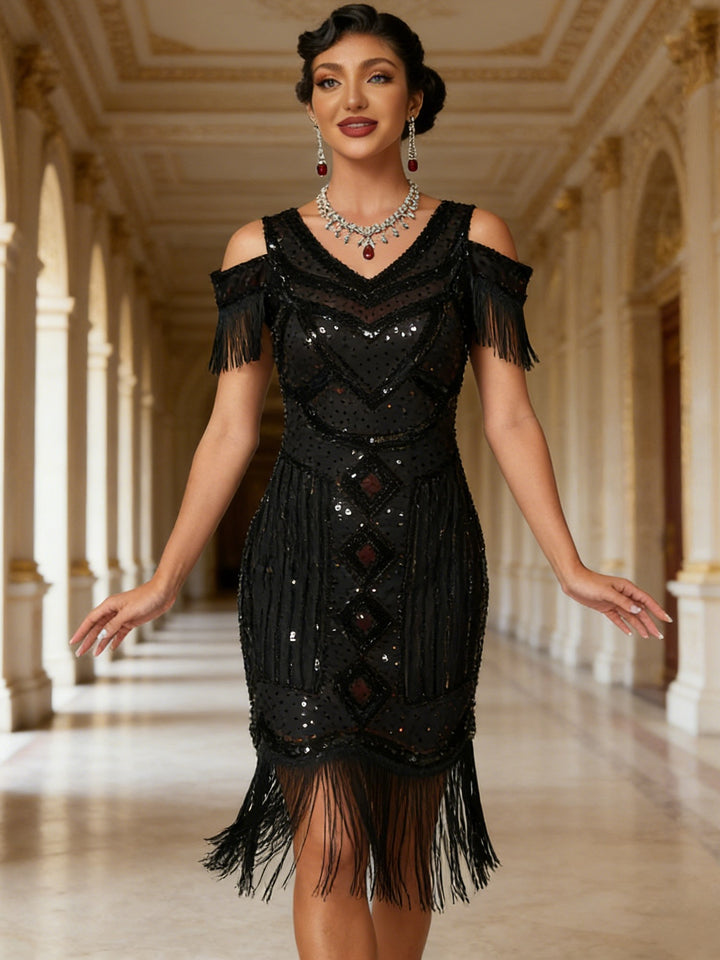 1920s The Great Gatsby Outfit Sheath/Column V-Neck Short Sleeves Sequins Tassels Vintage Dresses Tea-Length