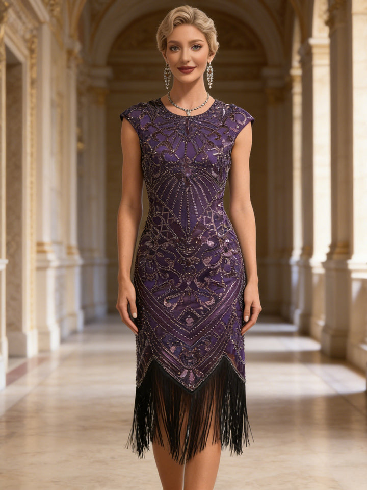 1920s The Great Gatsby Outfit Sheath/Column Scoop Short Sleeves Sequins Tassels Vintage Dresses Tea-Length