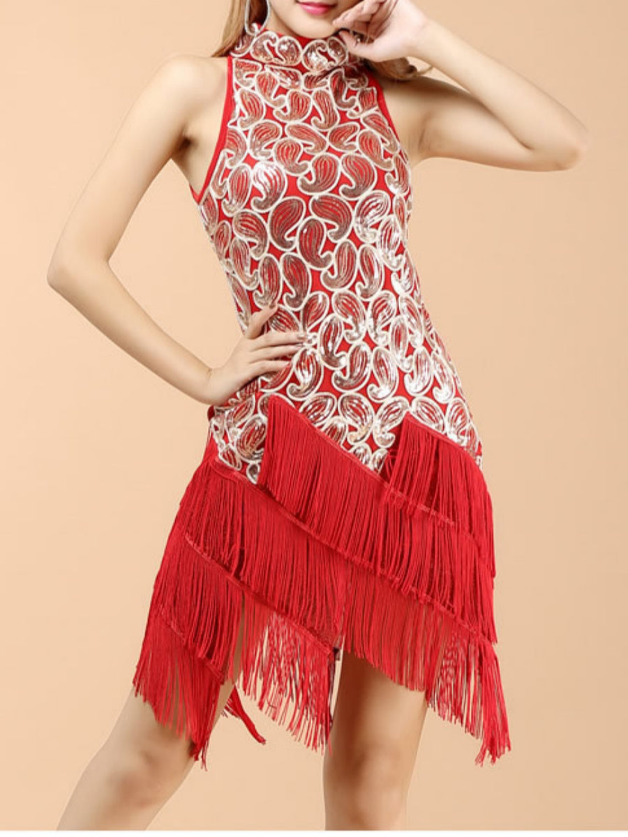 1920s The Great Gatsby Outfit Sheath/Column Halter Sleeveless Sequins Tassels Vintage Dresses Mini/Short