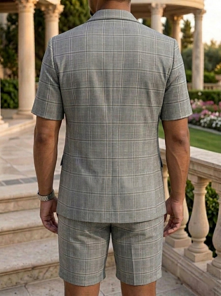 Men's 2 Pieces Single-Breasted Two Buttons Plaid Blazer Short Sleeves