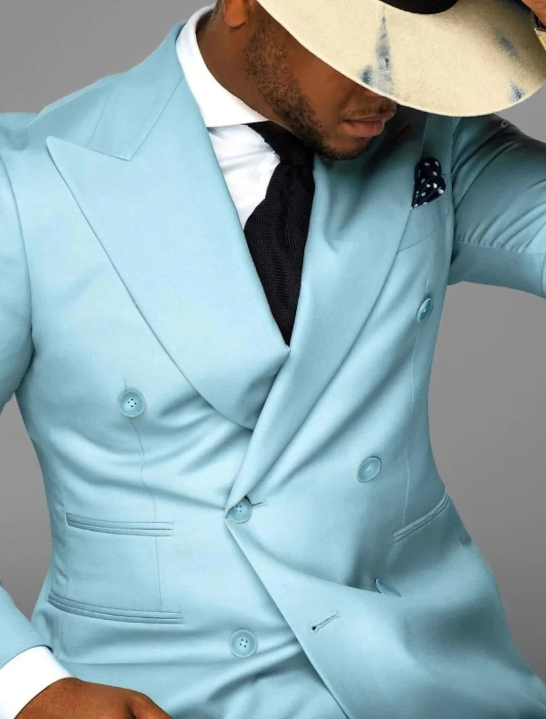 Sky Blue Men's Tailored Fit Double Breasted Six-buttons 2 Pieces Solid Colored Wedding Suits