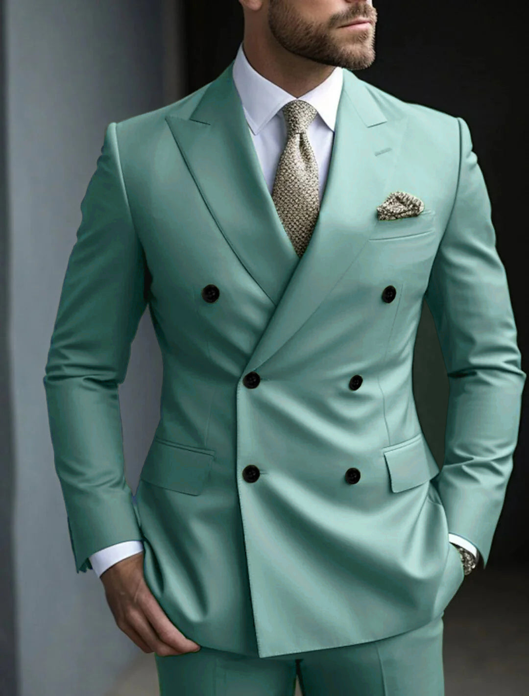 Green Men's Tailored Fit 2 Pieces Solid Colored Double Breasted Six-buttons Party Suits
