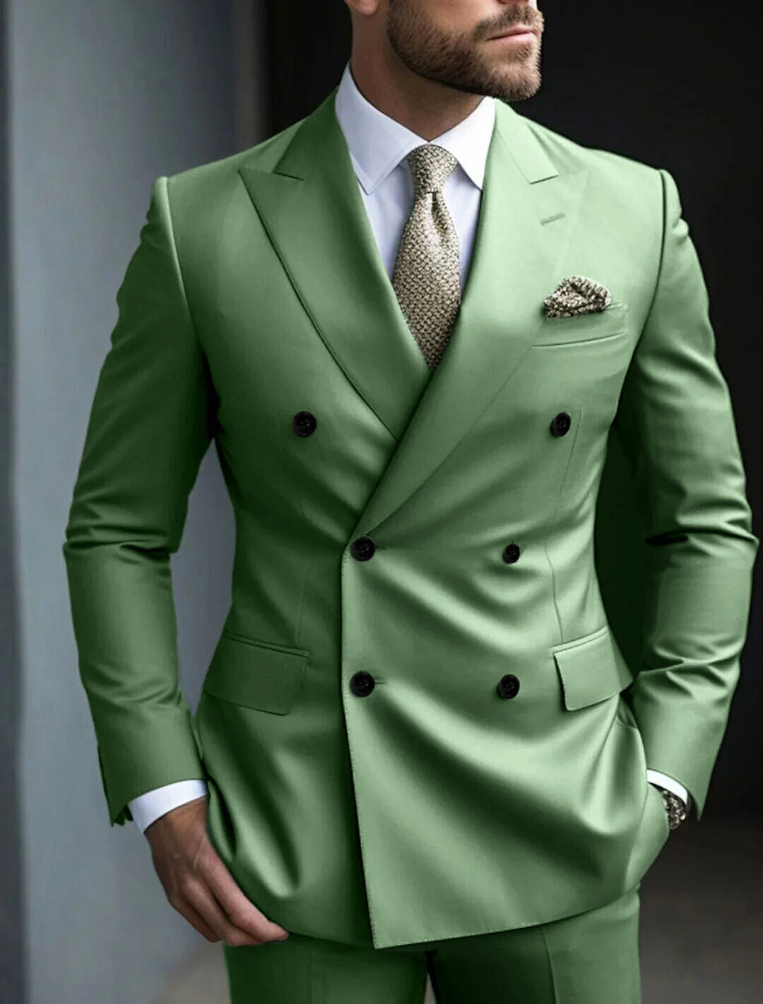 Green Men's Tailored Fit 2 Pieces Solid Colored Double Breasted Six-buttons Party Suits