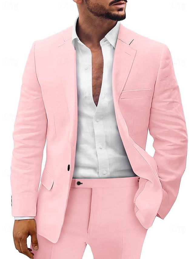 Men's Tailored Fit Single Breasted Two-Buttons 2 Pieces Linen Suits, Pink