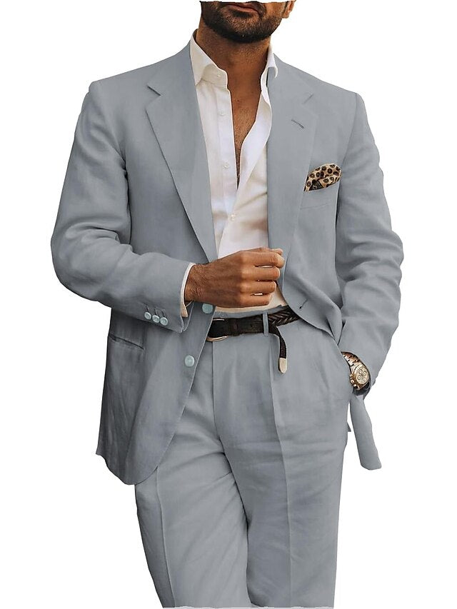 Men's Tailored Fit Single Breasted Two-buttons 2 Pieces Linen Suits