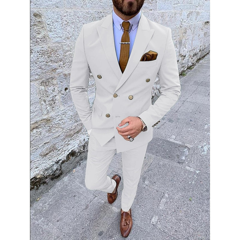Men's Tailored Fit Double Breasted Six-buttons 2 Pieces Solid Colored Wedding Suits