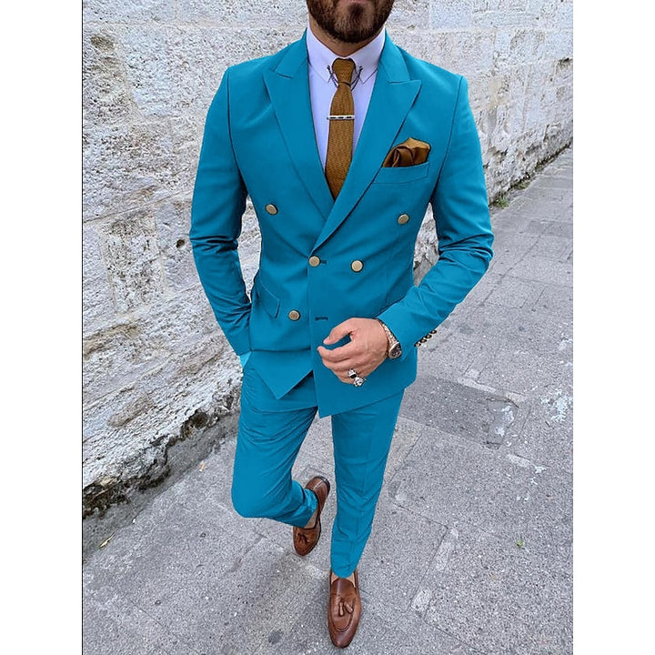 Men's Tailored Fit Double Breasted Six-buttons 2 Pieces Solid Colored Wedding Suits