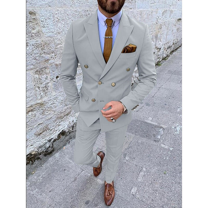 Men's Tailored Fit Double Breasted Six-buttons 2 Pieces Solid Colored Wedding Suits