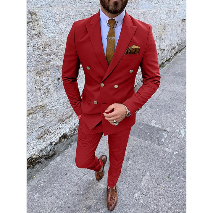 Men's Tailored Fit Double Breasted Six-buttons 2 Pieces Solid Colored Wedding Suits