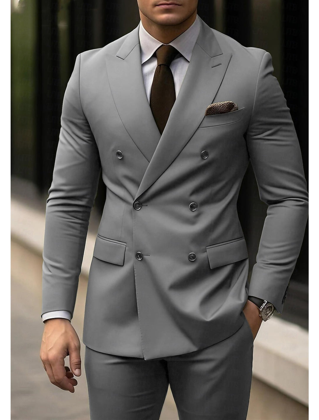 Men's Tailored Fit Double Breasted Six-buttons 2 Pieces Light Grey Formal Suit Wedding Suits