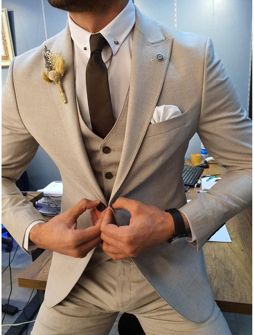 Men's Tailored Fit Single Breasted One-buttons 3 Pieces Business Formal Wedding Suits