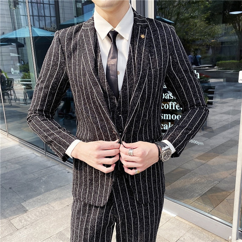Men's Tailored Fit Single Breasted One-button 3 Pieces Black Ivory Wedding Suits