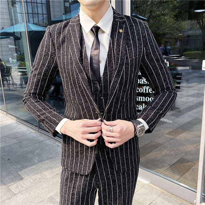 Men's Tailored Fit Single Breasted One-button 3 Pieces Black Ivory Wedding Suits