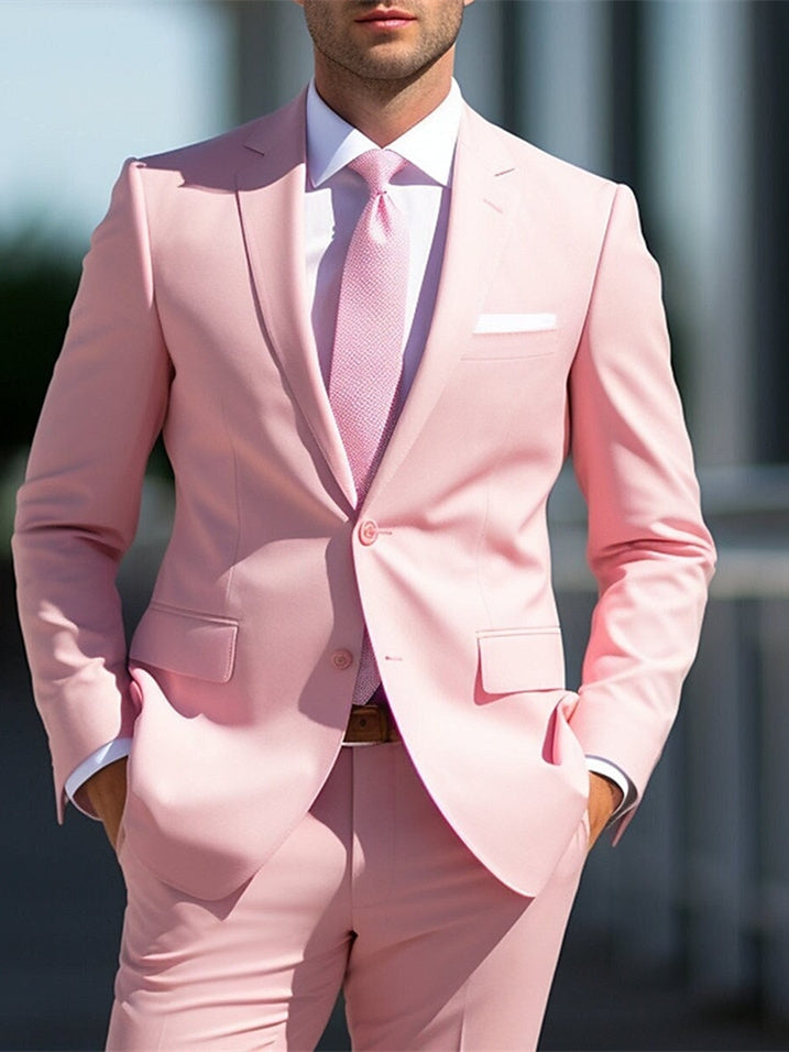 Men's Tailored Fit Single Breasted Two-buttons 2 Pieces White Pink Wed