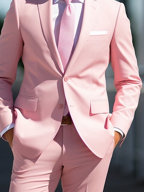 Men's Tailored Fit Single Breasted Two-buttons 2 Pieces White Pink Wedding Suits