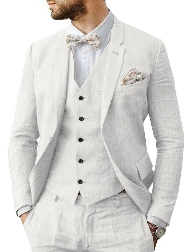 Men's Linen Tailored Fit Single Breasted Two-buttons 3 Pieces Wedding Suits