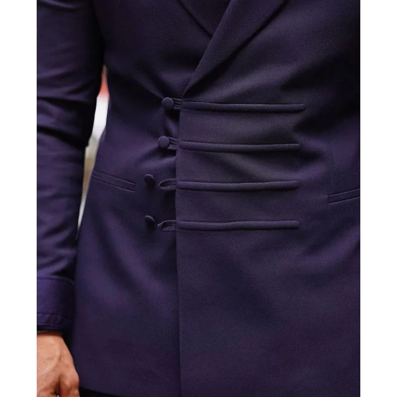 Men's Tailored Fit Double Breasted Six-buttons Solid Colored 2 Piece Prom Wedding Suits