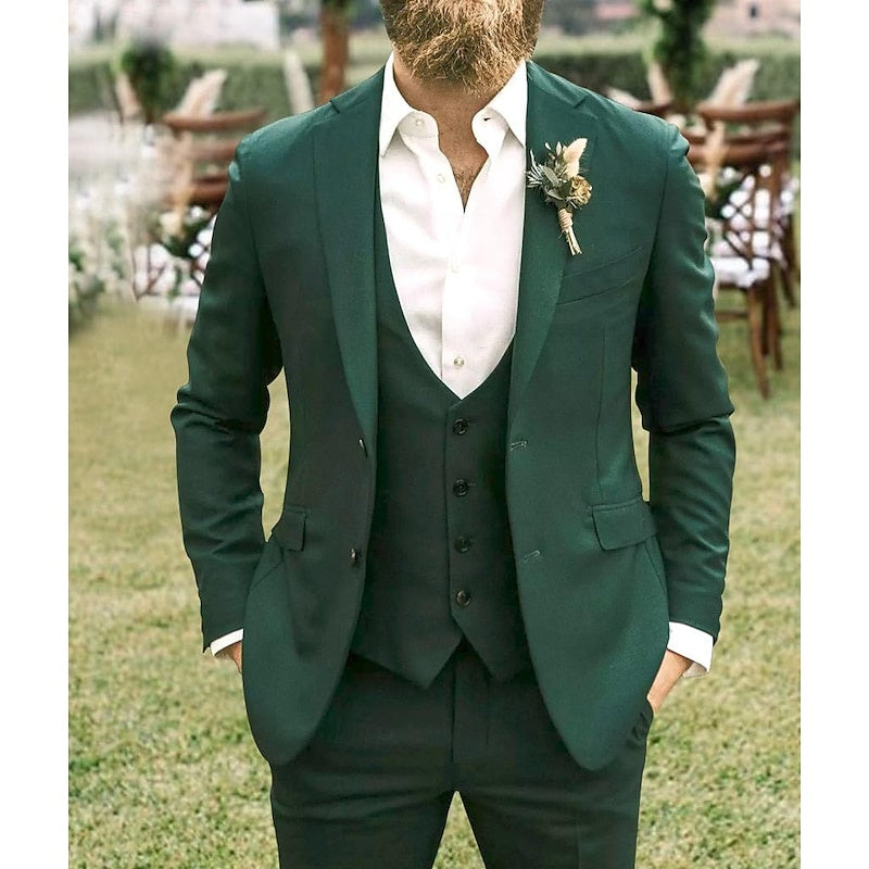 Men's Tailored Fit Single Breasted Two-buttons 3 Pieces Dark Green Wedding Suits