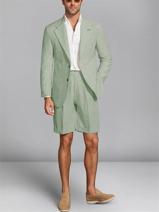 Men's Tailored Fit Wedding Shorts Single Breasted Two-buttons Striped 2 Pieces, Sage Men's Tailored Fit Wedding Shorts Single Breasted Two-buttons Striped 2 Pieces, Sage