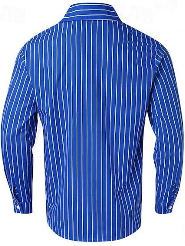 Blue Shirt Men's Standard Fit Long Sleeves Lapel Striped Cotton Blend Shirt