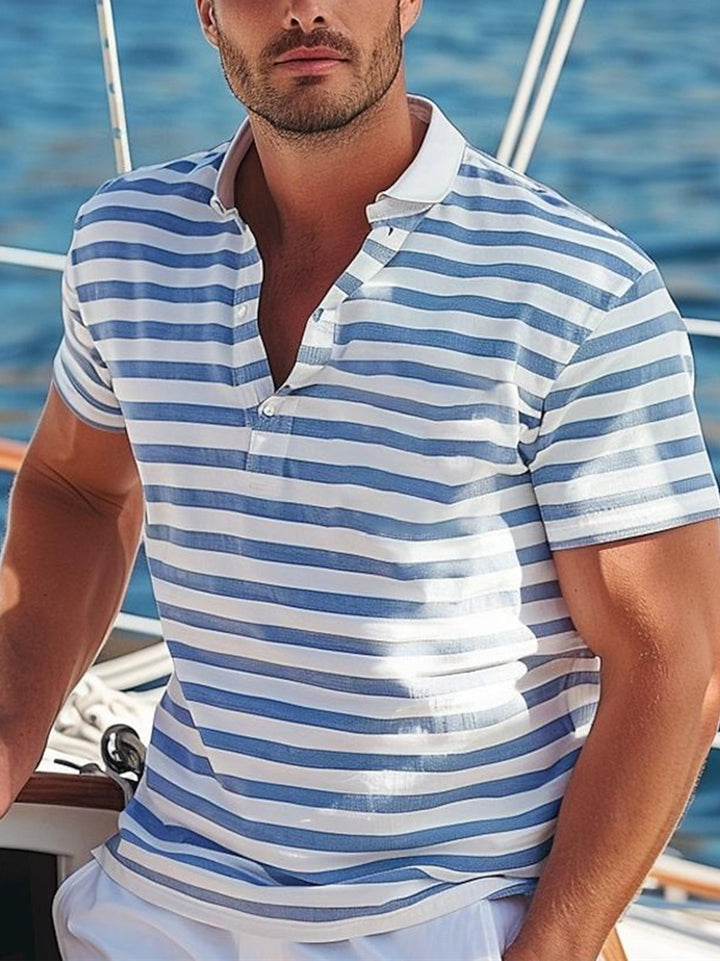 Men's Casual Print Polo Short Sleeves Cotton Striped Shirt