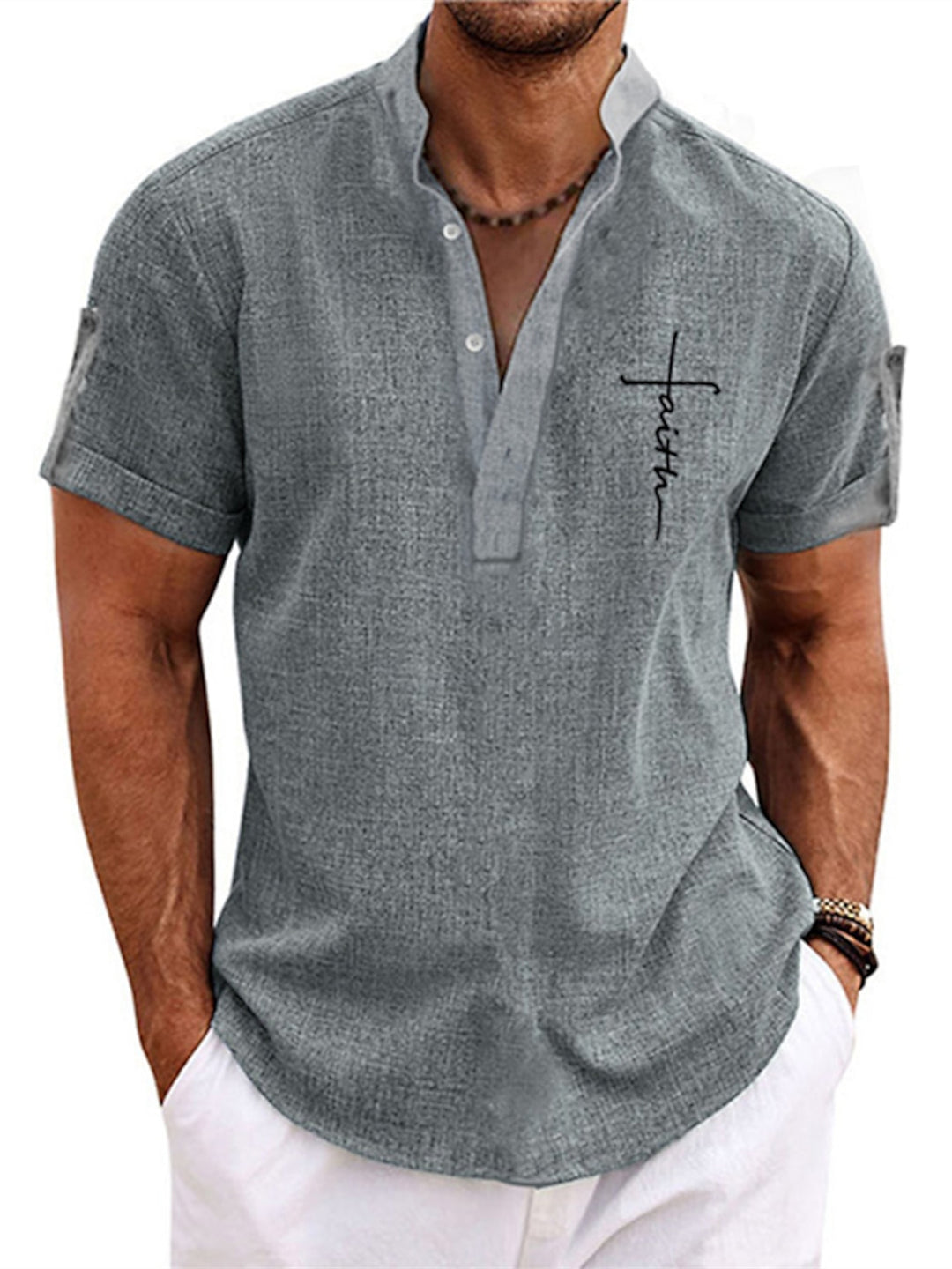Men's Linen Shirt Casual Print Shirt Short Sleeves Outdoor Shirt