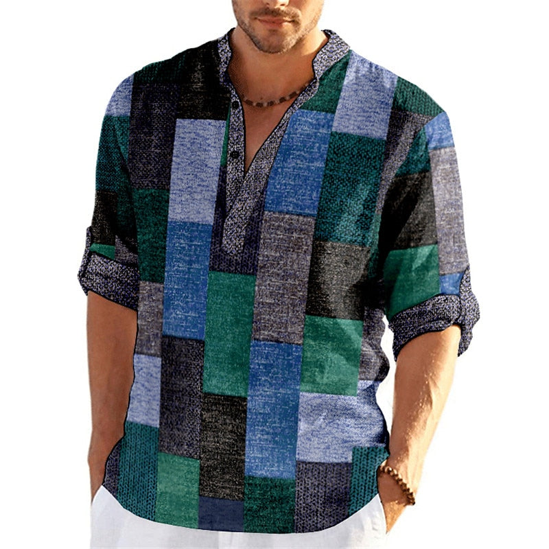 Men's Stand Collar Shirt Long Sleeve Print Clothing