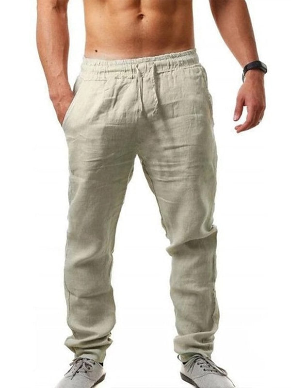 Light Khaki Men's Linen Pants Trousers Casual Comfort Soft Full Length with Pocket