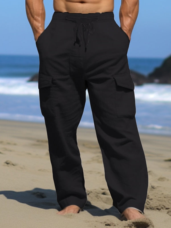 White Men's Linen Pants Trousers Multi Pocket Comfort Soft Full Length