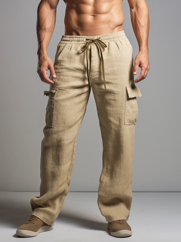 Khaki Men's Linen Pants Trousers Multi Pocket Full Length Outdoor Trousers
