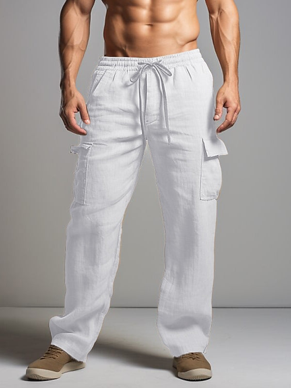 Khaki Men's Linen Pants Trousers Multi Pocket Full Length Outdoor Trousers