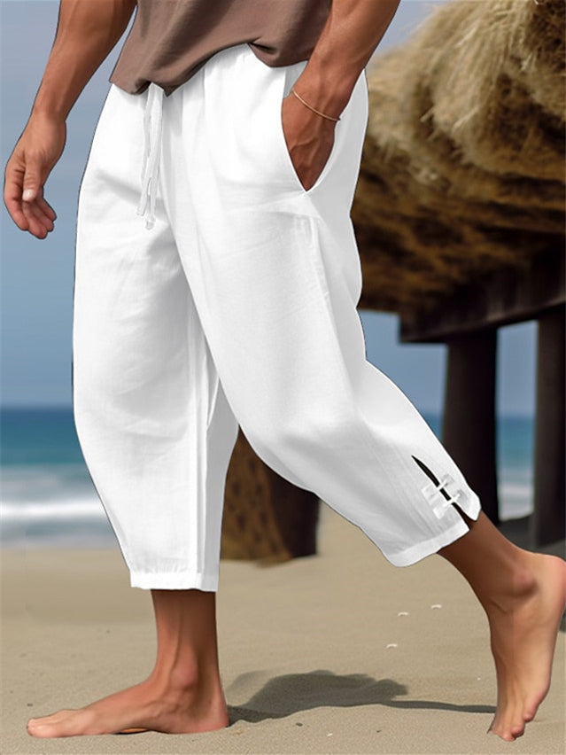 White Men's Linen Pants Trousers Casual Daily Calf-Length Pants