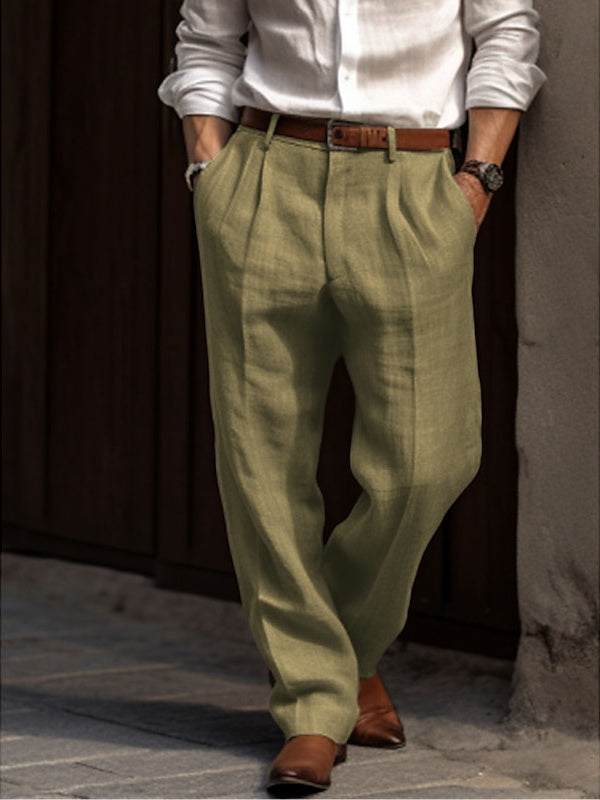 Beige Men's Linen Pants Trousers Casual Daily Full-Length Comfort Breathable Pants