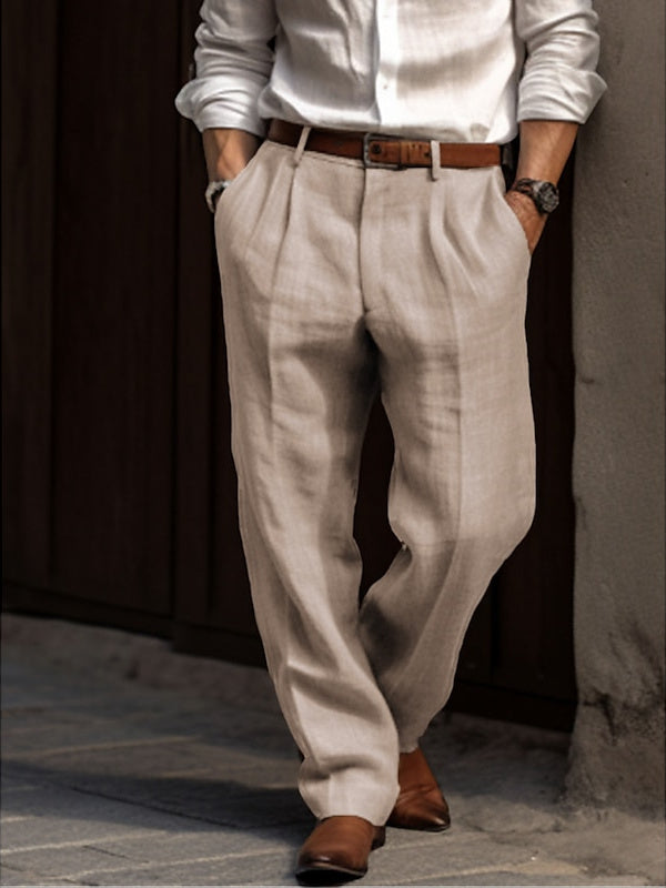 Beige Men's Linen Pants Trousers Casual Daily Full-Length Comfort Breathable Pants