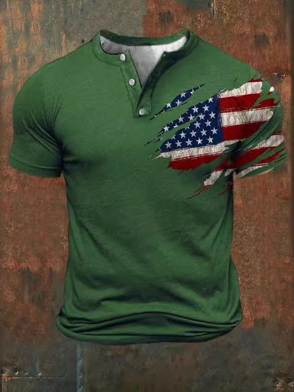 National Flag Men's Round Neck Casual Short Sleeves Botton Up 3D Print Shirt