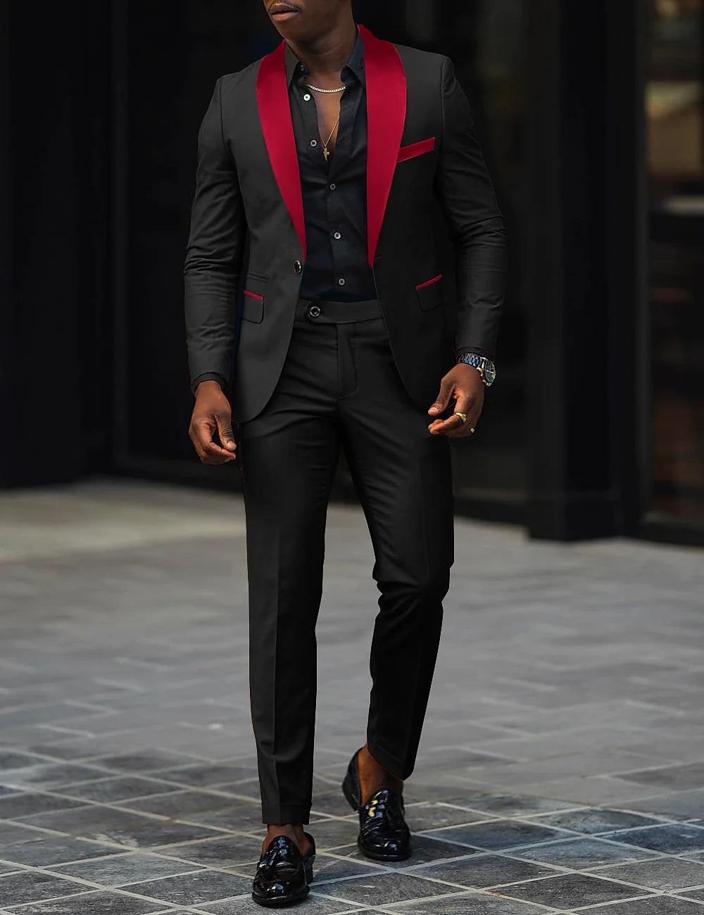 Dark Gray Men's Tailored Fit Single Breasted One-button 2 Pieces Prom Wedding Suits Red Dark Gray Men's Tailored Fit Single Breasted One-button 2 Pieces Prom Wedding Suits Red
