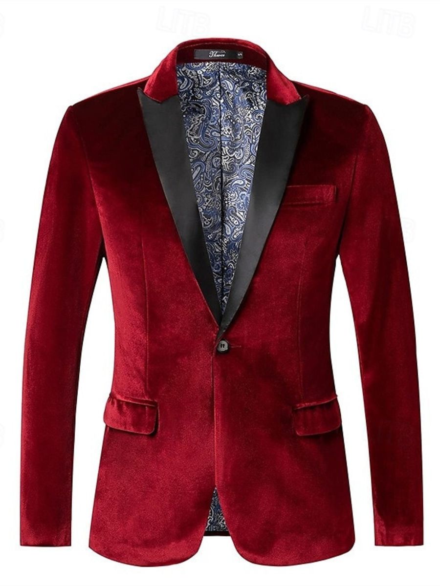 Red Men's Velvet Party Peak Neck Regular Single Breasted One-Button Blazer Jacket