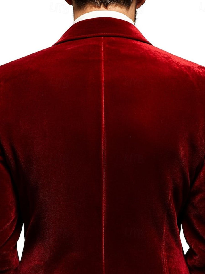 Red Men's Velvet Party Peak Neck Regular Single Breasted One-Button Blazer Jacket