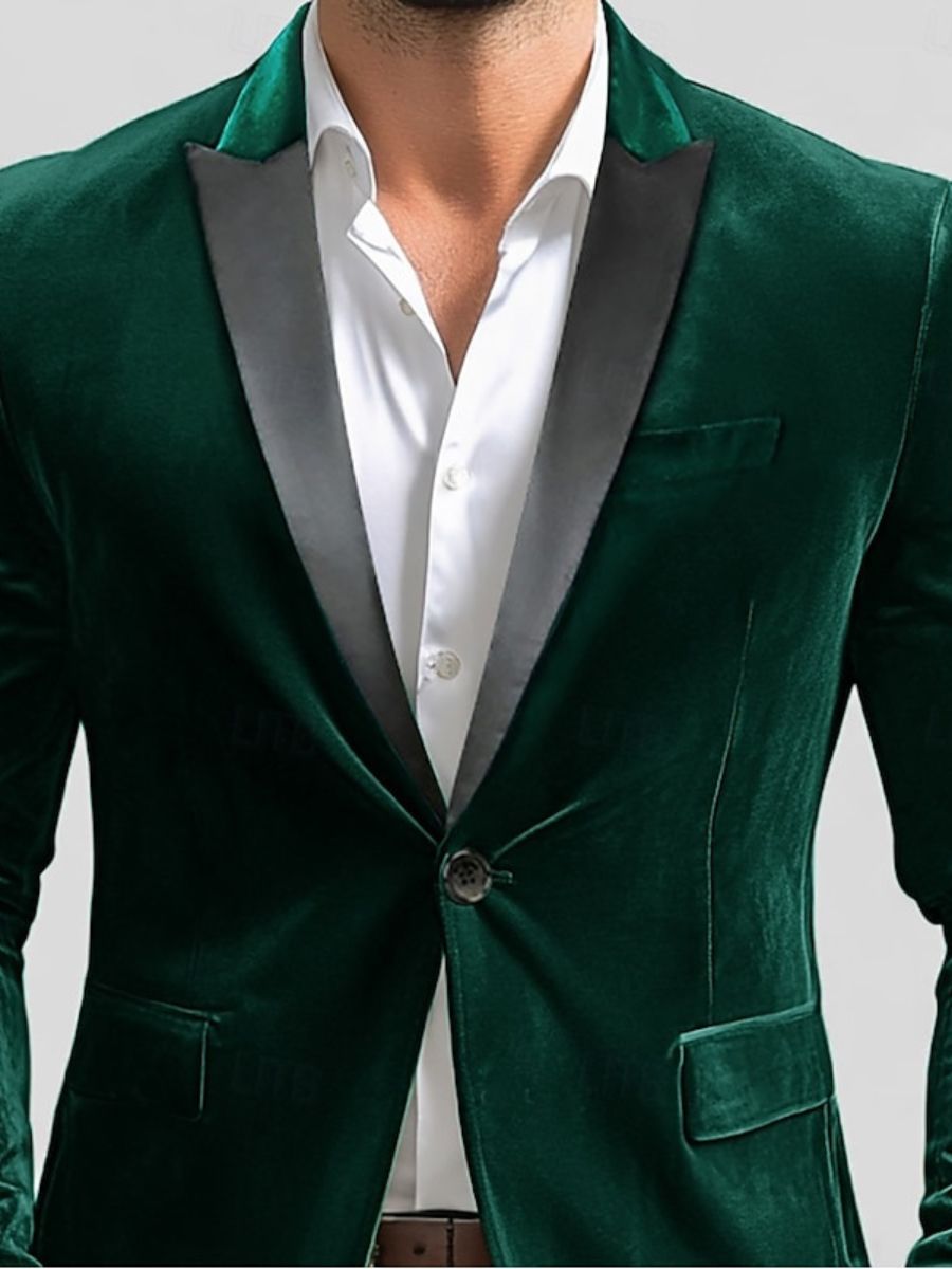 Green Men's Party Velvet Notched Neck Regular Single Breasted One-Button Blazer Jacket