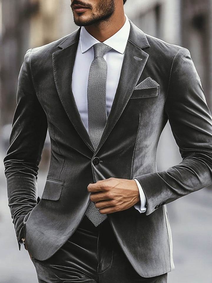 Gray Men's Velvet Single Breasted One-Button Wedding Casual Suits