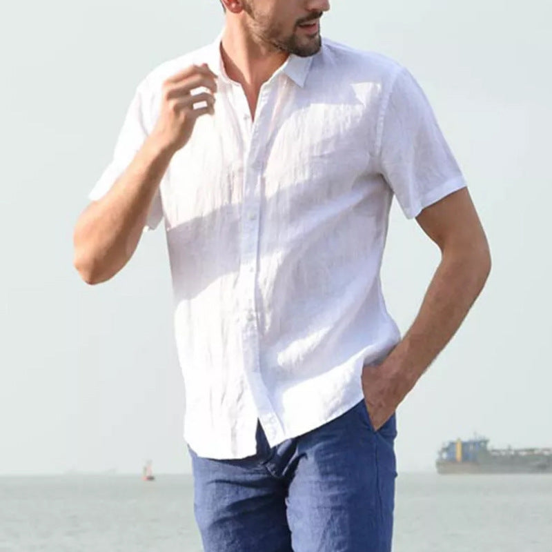 Men's Casual Short Sleeves Solid Color Cotton Shirt